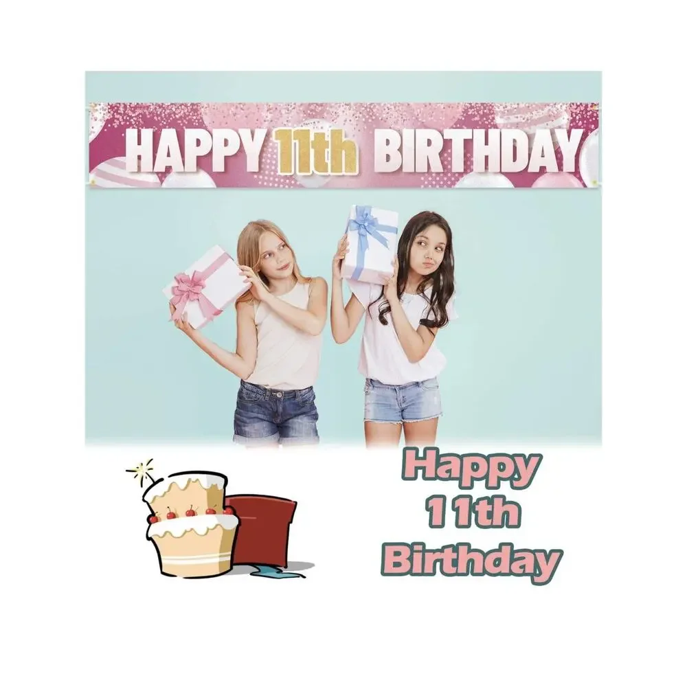 9.8 X 1.6 Ft Large Sign Happy 11th Birthday Banner Pink For Kids Birthday‎